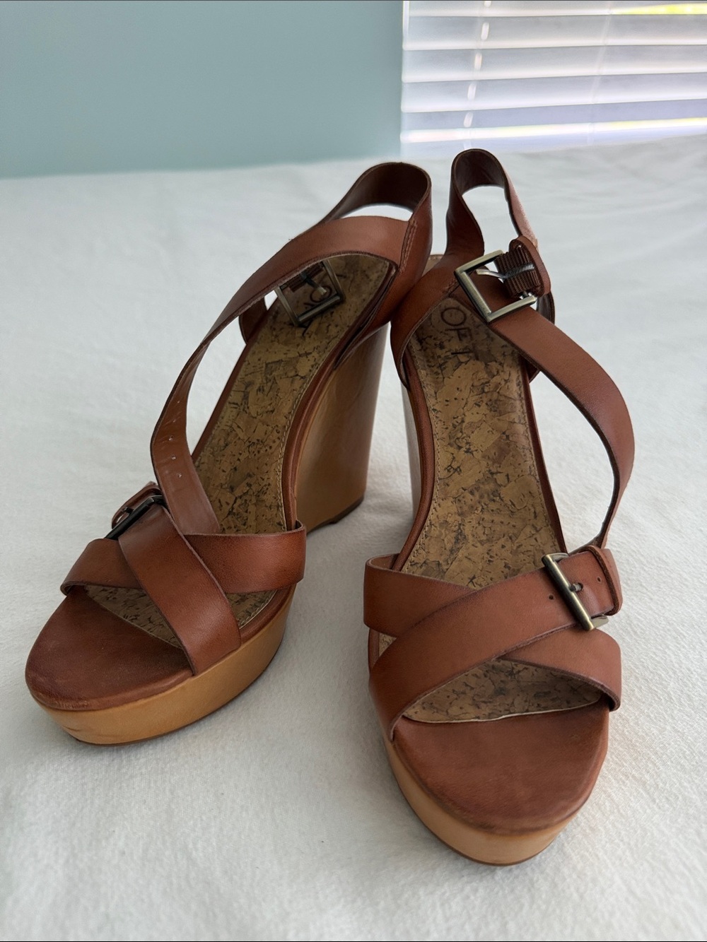 Women’s Brown Leather 5” Wedge Sandals with Buckle Straps